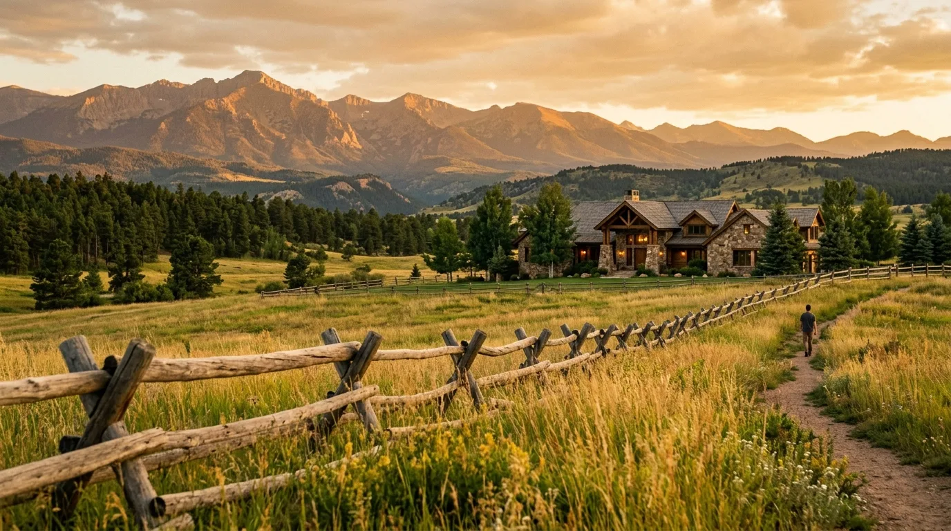 Wide acreage with a split-rail fence and tall grass glowing at golden hour, the Front Range mountains beyond