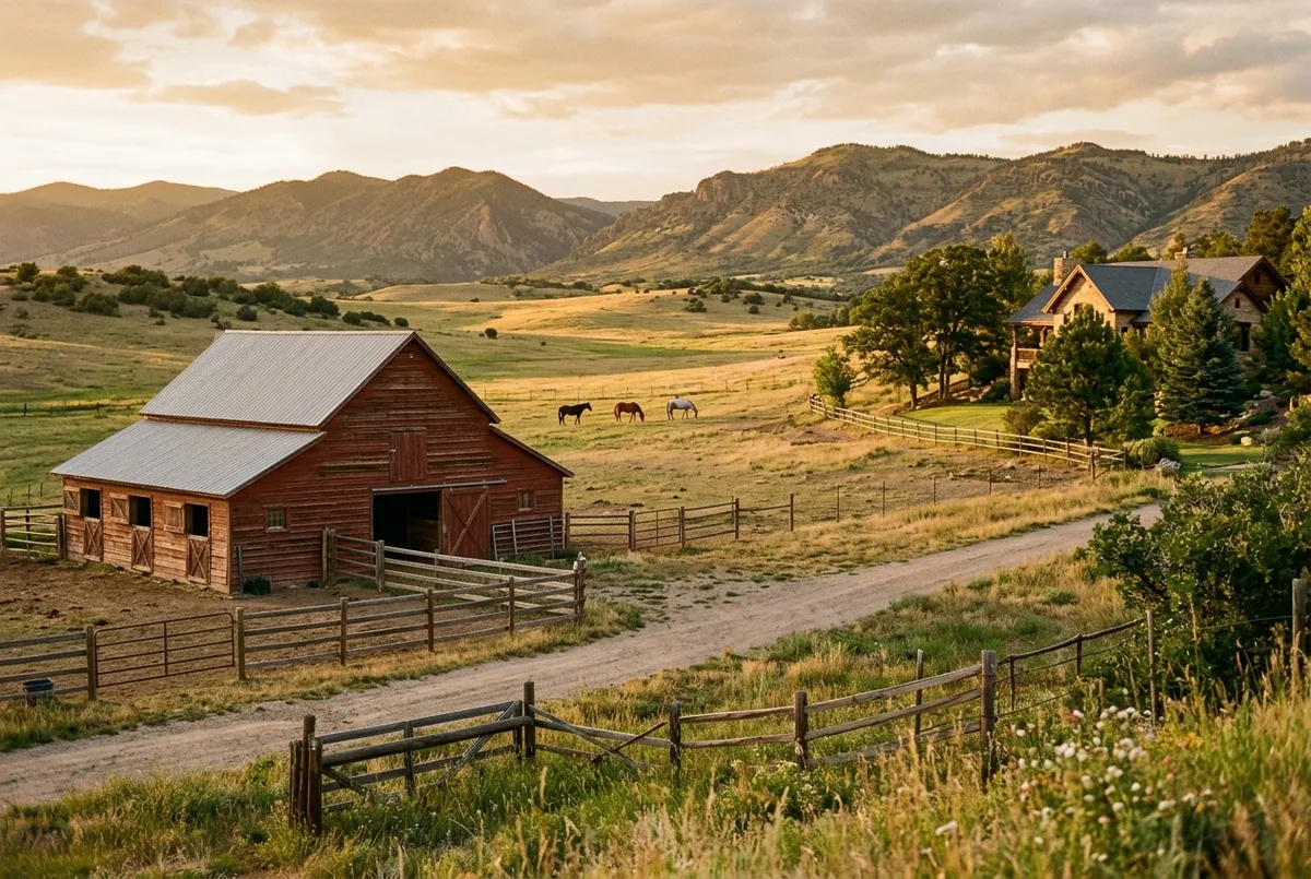 A red timber barn on open acreage, horses grazing far off in warm evening light