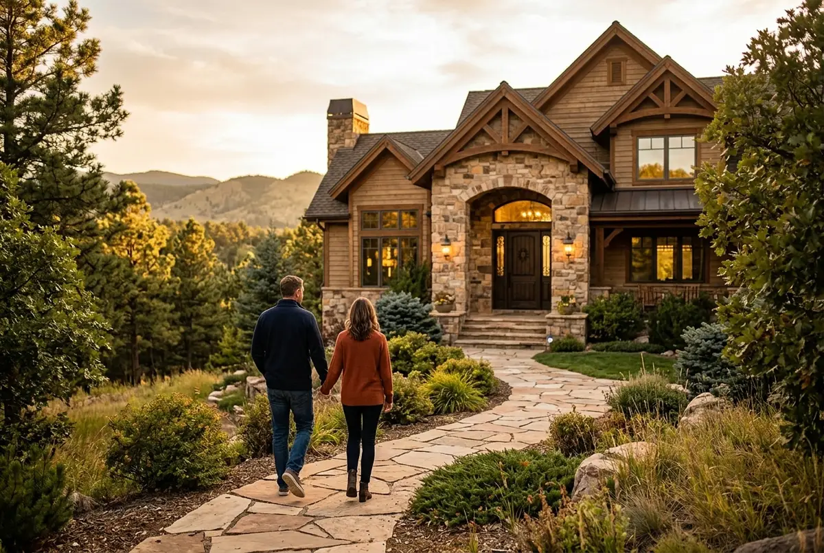 A stone path leading up to the arched front door of a stone and timber home at golden hour