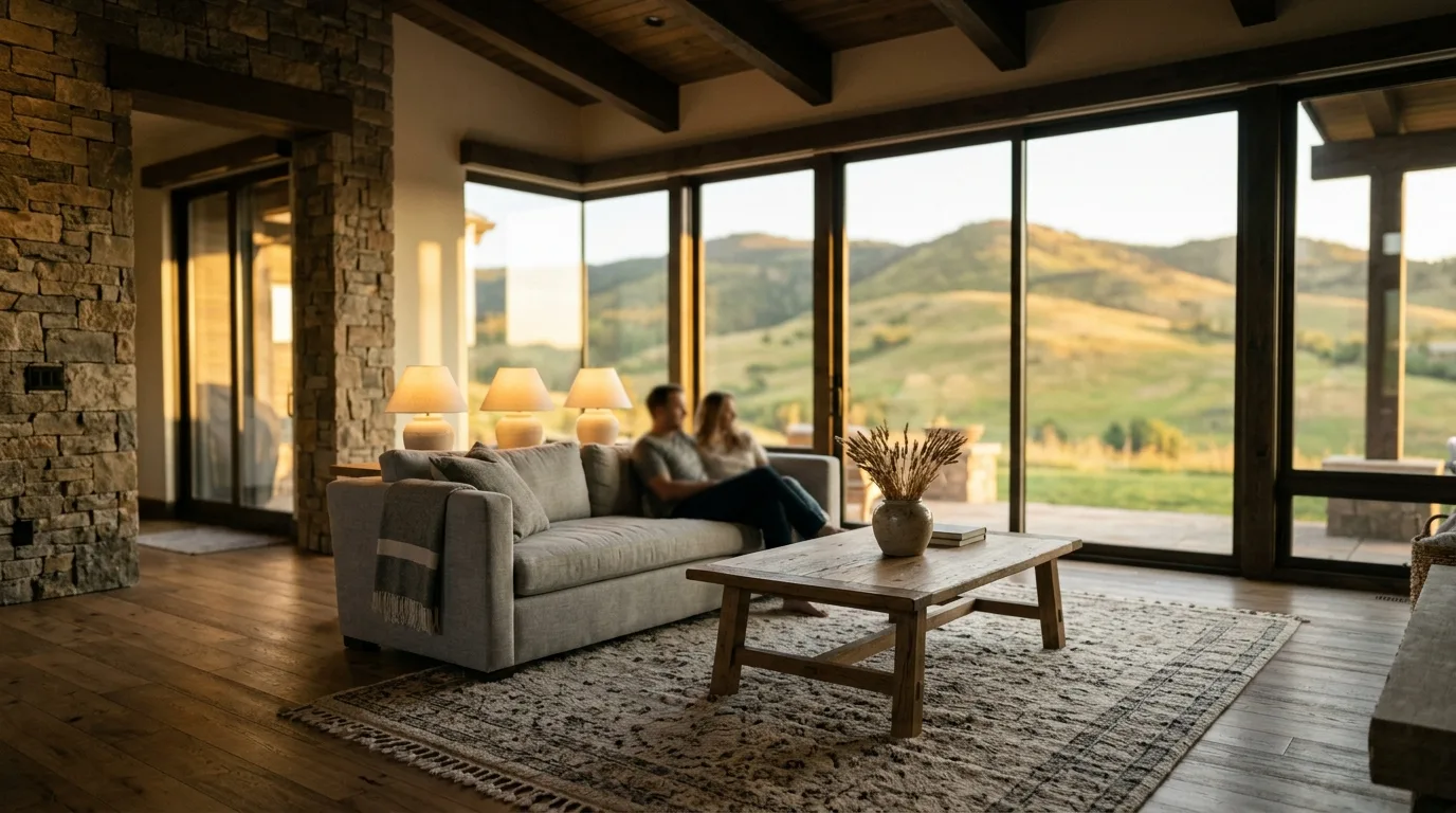 A living room with tall windows onto the foothills at golden hour, staged with a linen sofa, a wool rug, a coffee table and warm lamps