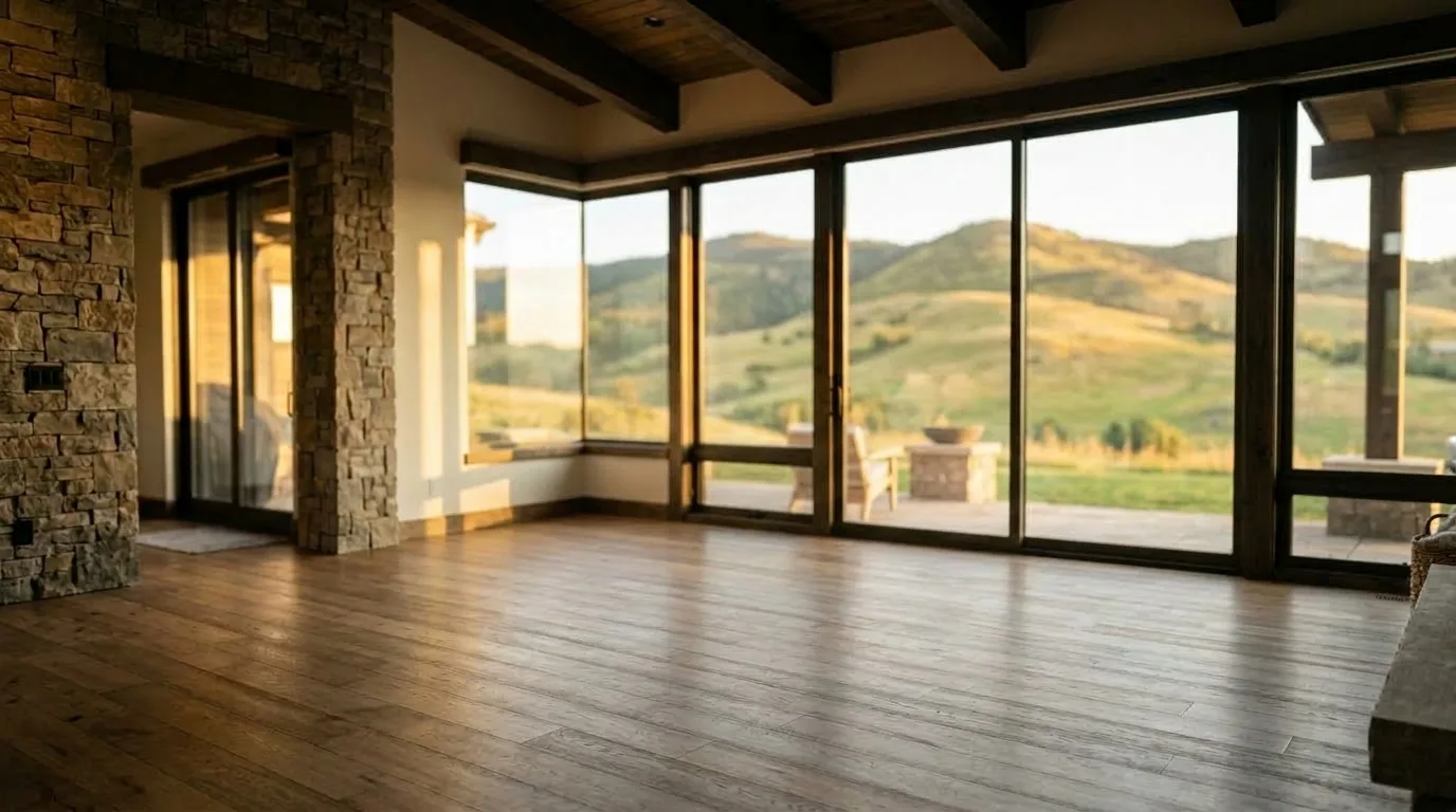 The same living room empty, bare oak floor and white walls in the same golden light