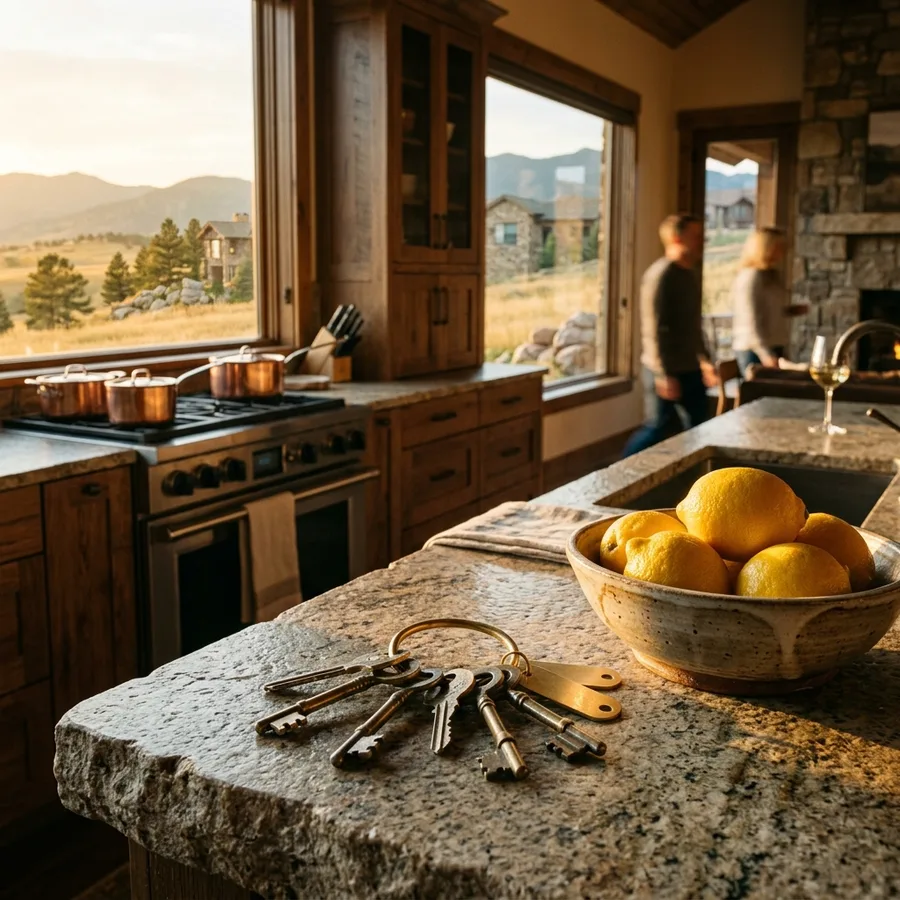 A ring of house keys on a stone kitchen counter beside a bowl of lemons, warm late light