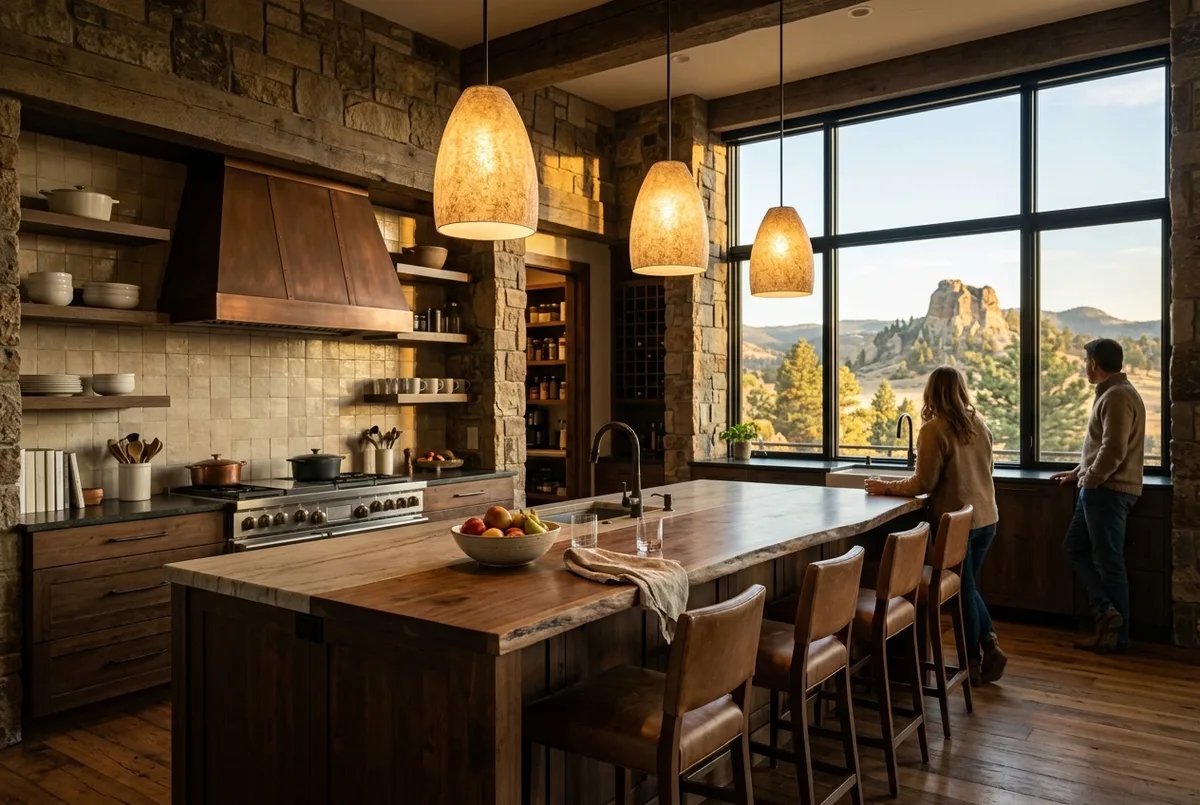 A warm modern kitchen with a long island, pendant lights on and big windows at golden hour