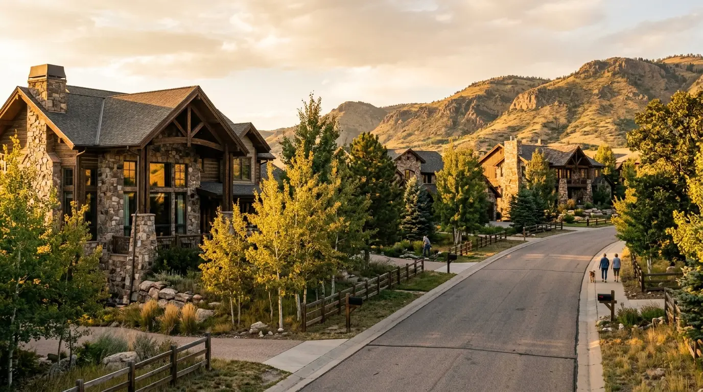 A quiet street of stone and timber homes with young aspen trees at golden hour