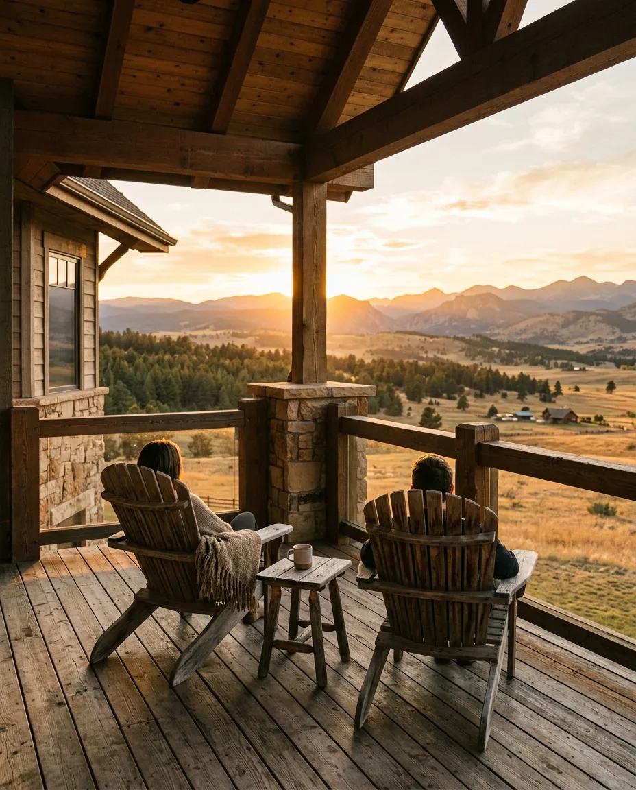 A covered front porch with two wooden chairs looking over open land at sunset