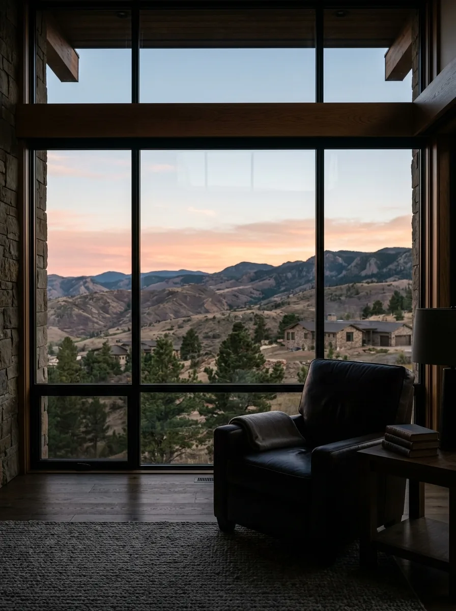 A floor-to-ceiling window framing the foothills at dusk, a reading chair in silhouette